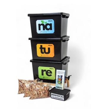 Imagem de Composteira Doméstica 90 L Jardim e Casa Com 100 Minhocas e Suporte de madeira