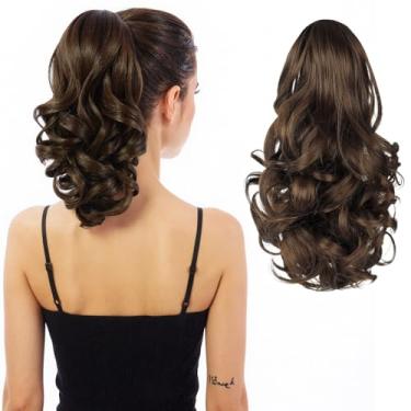 Imagem de HEWEICSY Extensão de rabo de cavalo, rabo de cavalo com clipe para mulheres, clipe de garra de 30,5 cm em extensão de cabelo de pônei ondulado curto encaracolado para mulheres - marrom