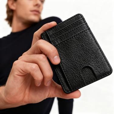 Imagem de Carteira pequena e fina para homens e mulheres, porta-cartões minimalista de couro com bolso frontal com design de bloqueio de RFID, Preto, Minimalista