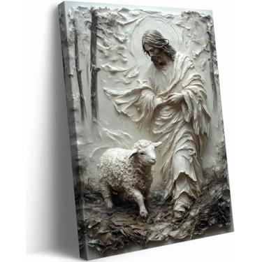 Imagem de Arte de parede Jesus e Cordeiro Bom Pastor Pintura em tela Religiosa Cristã Imagens Inspiradoras Versículo da Bíblia Pôster Impressões para Sala de Estar Quarto Igreja Emoldurado