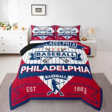 Imagem de jejeloiu Conjunto de edredom de beisebol, solteiro, Filadélfia, para crianças, meninos, meninas, beisebol, cidade, jogos, decoração de quarto, microfibra, 2 peças com 1 fronha