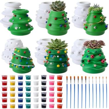 Imagem de Vesici 6 conjuntos de mini vasos de flores de cerâmica para pintar seu próprio vaso de suculentas, árvores de Natal, faça você mesmo, presente de bisque pintável para inverno, férias, artesanato