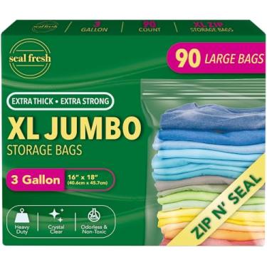 Imagem de Seal Fresh Sacos de armazenamento de plástico grandes de 3 galões – 40,6 cm x 45,7 cm (90 unidades) – Reutilizáveis XXL extragrandes resistentes e transparentes para freezer com zíper superior selável