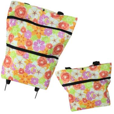 Imagem de Bolsa Sacola e Carrinho de Compras 3 em 1 com Rodinhas, Dobrável, Design Floral, 39x45 cm (Laranja)
