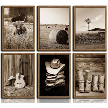 Imagem de 6 peças arte de parede de cowboy ocidental highland gado impressões vintage chapéu botas pintura imagem antiga fazenda cowboy rancho decoração de parede para quarto masculino escritório sem moldura