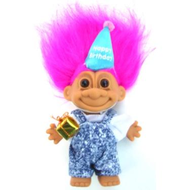 Imagem de My Lucky Happy Birthday 6" Troll Dressed in Denim Overalls w/Present