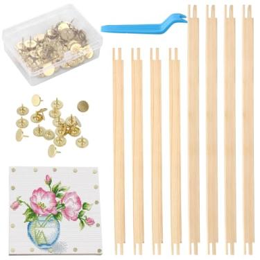 Imagem de Kit de moldura de lona de madeira de 8 peças, incluindo barras esticadoras de 15 cm e 20 cm, 40 tachinhas de polegar, caixa de armazenamento e removedor de tachas, barras esticadoras de lona de