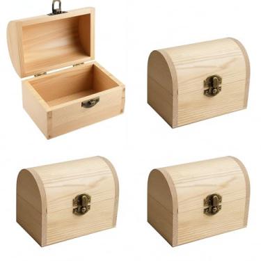 Imagem de Caixa de tesouro de madeira inacabada com fecho de bronze, caixa de armazenamento de artesanato de pinho para decoração DIY, pequeno recipiente decorativo para joias, artesanato, caixa de presente de