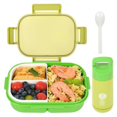Imagem de AGREON Caixas Bento com compartimentos removíveis para adultos e crianças, lancheira de 1000 ml com colher e copo de água, livre de BPA, seguro para micro-ondas e lava-louças (verde)