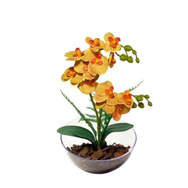 Imagem de Planta Artificial – Arranjo de Orquídeas Real Toque em Vaso Lua para Decoração de Casa e Escritório(Laranja)