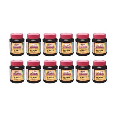 Imagem de Kit 12 Tintas PVA Fosca Acrilex Preto 520 250ml Artesanato para Madeira MDF Cerâmica Gesso Isopor Papel Acabamento Fosco Profissional Secagem Rápida