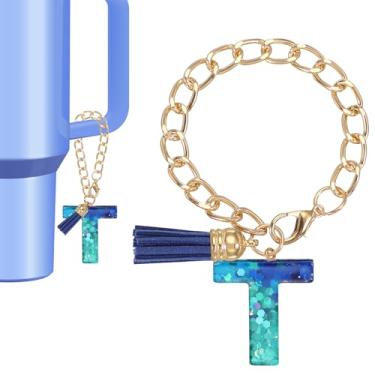Imagem de Berloque de letras para copo Stanley, lindo pingente inicial T acessórios para chaveiro Stanley Tumbler Handle chaveiro personalizado para mulheres, azul