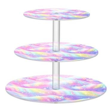 Imagem de Blueangle Suporte redondo de cupcake de 3 camadas – Torre de sobremesa acrílica em espiral de sorvete arco-íris, suporte de sobremesa em camadas antiderrapante para chá de bebê, aniversário, festa de