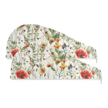 Imagem de SEHANY Toalha de cabelo de microfibra de flores coloridas elegantes para mulheres, 2 peças, turbantes de cabelo de secagem rápida com botão, touca de cabelo seco absorvente toalha de secagem de cabelo