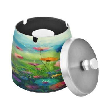 Imagem de Blueangle Cinzeiro de pintura de flores coloridas com tampa para cigarros, à prova de vento/chuva, aço inoxidável, sem fumaça, inodoro, cinzeiro para uso interno ou externo (276)