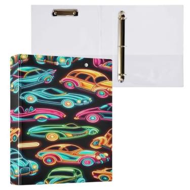 Imagem de Blueangle Fichário Neon Cars com 3 anéis com prancheta e 2 bolsos – Organizador de documentos decorativo de 3 anéis para escritório, suprimentos para reuniões (516)