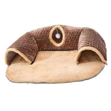 Imagem de IEUDNS Centro de tapete de túnel de gato Centro de esconderijo interativo, túneis de túneis de carpete de gato cama de túnel de gato para gatos internos e, Brown L