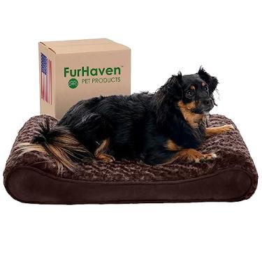 Imagem de Furhaven Cama ortopédica para cães médios/pequenos com capa lavável removível, para cães de até 10 kg - Colchão de luxo com contorno de pele sintética e camurça ultra felpudo - chocolate, médio