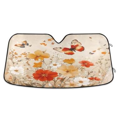Imagem de ATTX Para-brisa de carro borboleta flores 134.6 cm x 59.7 cm escudo solar universal com proteção UV, persiana de janela frontal automática dobrável para Sedans SUVs caminhões #582