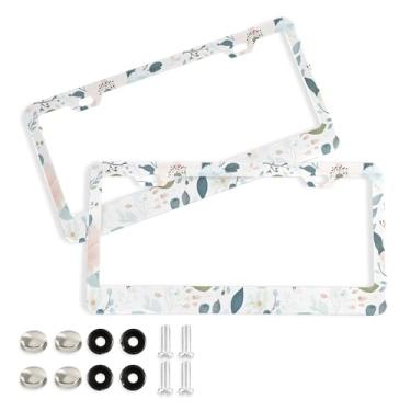 Imagem de SEHANY Molduras de placa de licença de flores florais coloridas, capas de moldura de placa de carro de alumínio à prova de ferrugem com orifícios elípticos e parafusos serve para veículos padrão dos