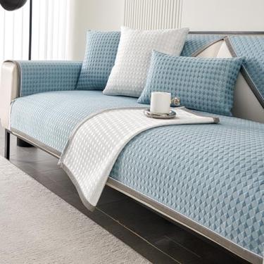 Imagem de Capas grossas para sofá de 1, 2, 3, 4 lugares, em formato de L, com três camadas, não abafadas e antiderrapantes, azul 70 x 210