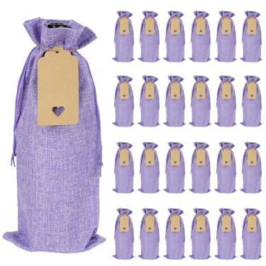 Imagem de BUNCHBRAVO Pacote com 24 sacos de vinho de serapilheira com etiquetas de presente e corda de juta, sacos de garrafa de vinho rústicos com cordão para casamentos, festas e feriados (roxo lavanda)