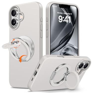 Imagem de XYZ Capa para iPhone 16 de 6,1 polegadas, suporte de anel duplo de silicone macio, capa protetora de silicone líquido premium, toque suave acetinado, à prova de choque com forro de microfibra (pedra)