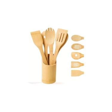 Imagem de Kit 5 Peças Utensílios de Cozinha, Bambu, com Cepo Organizador, Colher, Espátula, Garfo, 275g