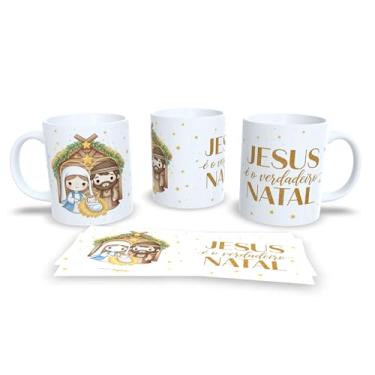 Imagem de Caneca Natalina com Presépio, Jesus O Verdadeiro Sentido do Natal, Cerâmica Branca, Decoração Religiosa com Arte Dourada, 325ml (23176)