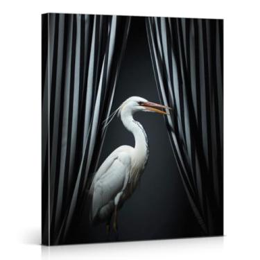 Imagem de Impressão artística de parede de banheiro Dark Moody Crane Pássaro preto e branco listrado imagem estética casa banheiro decoração de parede 20x25 tela emoldurada