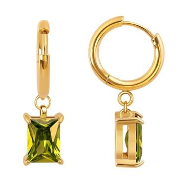 Imagem de FANSING Brincos de aniversário femininos com pingente de gota, brincos de baguete, pedra do mês de nascimento, aço cirúrgico, banhado a ouro 18 k, one size, Metal, Sem pedra preciosa