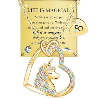 Imagem de Afcrho Colar de unicórnio, presente, pingente de coração colorido, colar de unicórnio, joias, presente de aniversário, unicórnios, presente P, colar de coração e unicórnios, joias