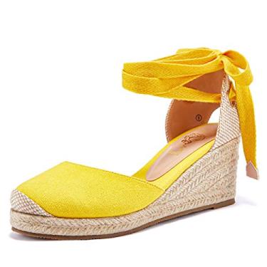 Imagem de Ruanyu Sandálias femininas plataforma espadrille com cadarço e bico fechado sandálias de verão, 1 amarelo, 41