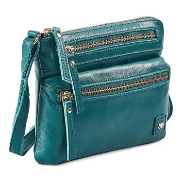 Imagem de Wise Owl Accessories Bolsa transversal feminina pequena de couro real com zíper triplo - bolsa tiracolo vintage premium, Nappa verde-esmeralda, 6” x8.5” x 1.5”