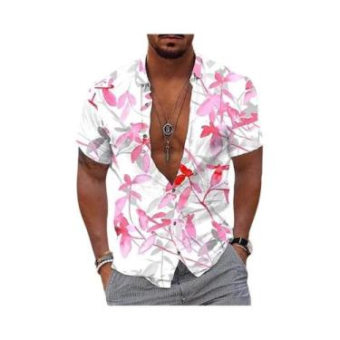 Imagem de Camisa Masculina Estilo Havaiano Com Estampa De Flores Pretas E Dourad