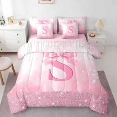 Imagem de Feelyou Conjunto de cama Queen com laço rosa, 7 peças, com inicial personalizada P em uma bolsa, conjunto de edredom infantil com glitter, laço e monograma, 7 peças