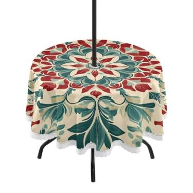 Imagem de CEBUGI Toalha de mesa redonda para uso ao ar livre, estampa mandala, impermeável, com furo Umberlla, capa de mesa lavável para pátio, cozinha, sala de jantar, 152 cm