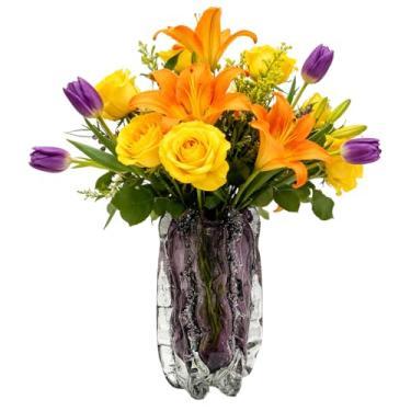 Imagem de Bolha de vidro soprado com vaso de borda com babados, vidro artístico para decoração de casa, vasos altos para centros de mesa e flores, como cristal para buquês e grama dos pampas, vasos âmbar