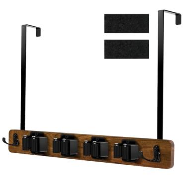 Imagem de KHZSPP Suporte de vassoura sobre a porta, esfregão de madeira sem perfuração e suporte de vassoura com borracha antiderrapante, rack de armazenamento de esfregão com 4 compartimentos com 2 ganchos