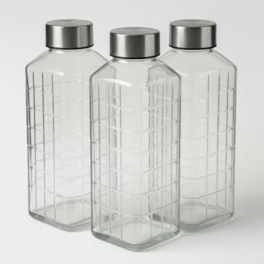Imagem de Trio De Garrafas De Vidro Transparente Para Armazenar E Servir Água Suco Detox Com Vedação Superior Cozinha Elegante (xadrez)
