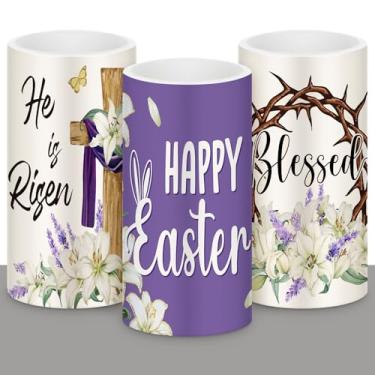 Imagem de Retisee 3 peças de velas de LED de Natal de Páscoa cruzadas de Páscoa sem chama, operadas por bateria com controle remoto, coelho cristão, flor, coelho, decoração de primavera para quarto e sala de