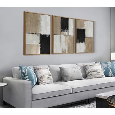 Imagem de Shoci Arte de parede abstrata Wabi Sabi emoldurada grande moderna neutra preta cinza bloco de cores arte em tela flutuante natural emoldurada minimalista marrom claro decoração para sala de estar
