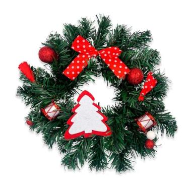 Imagem de Guirlanda de Natal Decorativa com Laço Vermelho e Árvore, Enfeite Natalino com Cerejas e Bolas, Verde e Vermelho, 25 cm