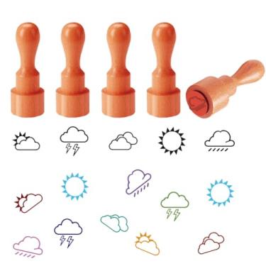 Imagem de AHANDMAKER 5 estilos de carimbos com tema meteorológico, estampa meteorológica, mini carimbo de ovo de madeira, carimbos de desenho exclusivos para scrapbooking, agenda, decalque