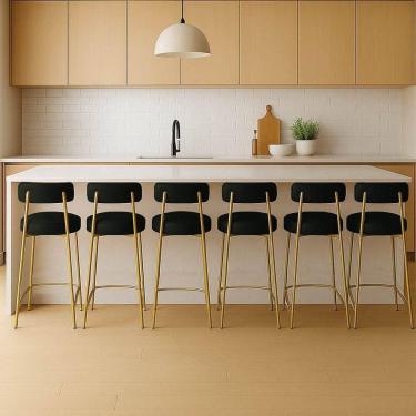 Imagem de Banqueta Cozinha Média Com Encosto Industrial Dourado Kit 6 Londres Pu Preto D03 - D`rossi