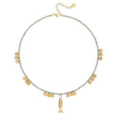 Imagem de Iswawo Colar feminino Boho com contas de peixe, corrente de contas de pedra natural, ouro 18 K, feito à mão, pingente de sardinha, charmoso, praia, havaiano, colares delicados, joias minimalistas