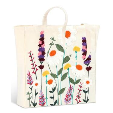 Imagem de Abbylike Sacola feminina com bordado estético de lona de flor de lavanda com fivela magnética e bolso interno com zíper, presentes modernos para compras, viagens, trabalho, supermercado, livro