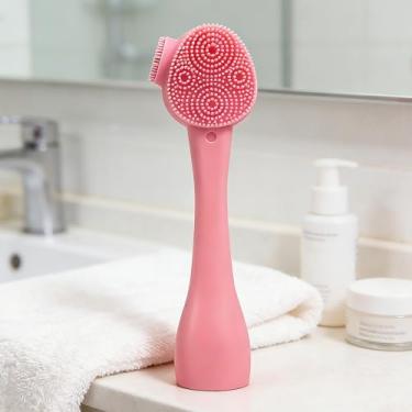 Imagem de Escova de limpeza facial de silicone rosa 3 em 1 manual e bastão de mistura de máscara para limpeza profunda e massagem