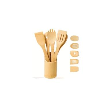 Imagem de Kit 5 Peças Utensílios de Cozinha de Bambu com Cepo Organizador, Colher, Colher com Bico, Espátula, Garfo, 275g