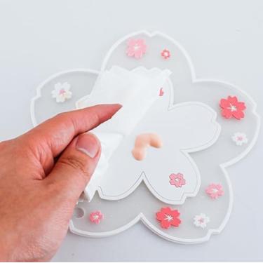 Imagem de Conjunto de tapetes de mesa de flor de cerejeira kawaii, design floral, dupla finalidade, formato de flor, porta-copos, expositor de joias de maquiagem, branco